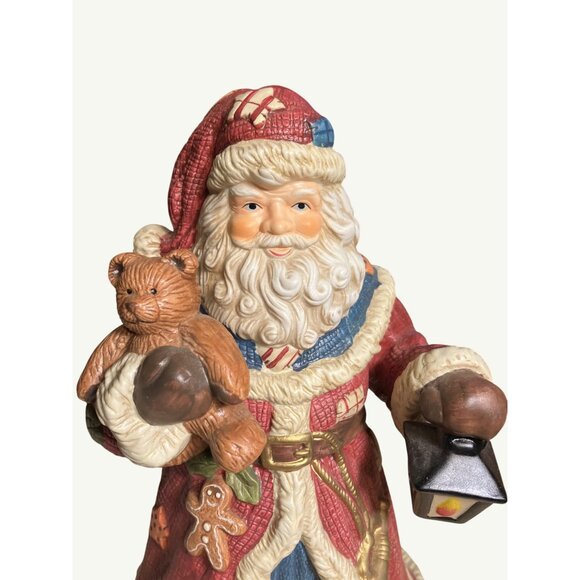 Porcelain Santa Claus Musical Figurine 11" Holding Bear & Lantern Vintage - Picture 2 of 13
